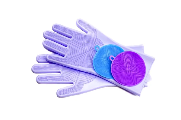 Rubber gloves for washing dishes and cleaning the house and sponges — Stock Photo, Image