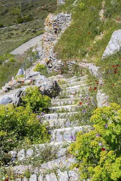 Narrow path with stone stairs in the mountains (Cyclades, Andros Island, Greece)