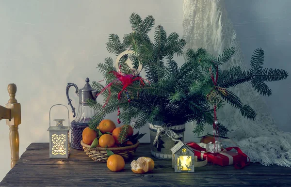 Decoration of a New Year or Christmas table — Stock Photo, Image