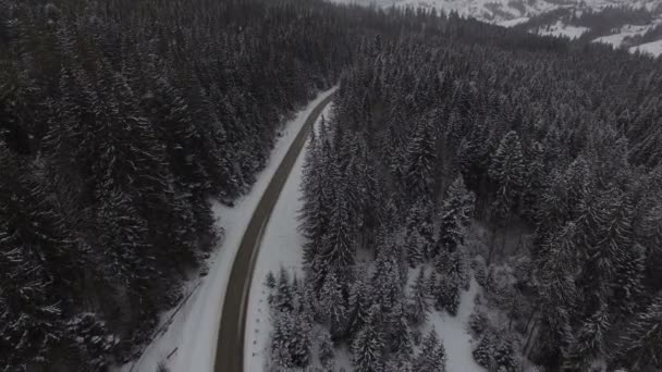 Вид с воздуха над зимней дорогой — стоковое видео