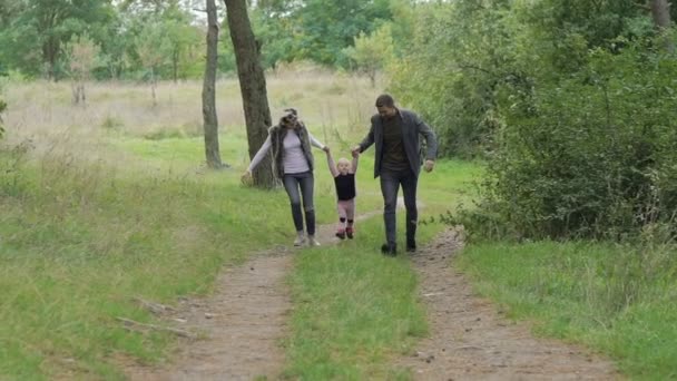 Glückliche Eltern, die im Park rennen und ihr Kind in der Luft halten. langsam — Stockvideo