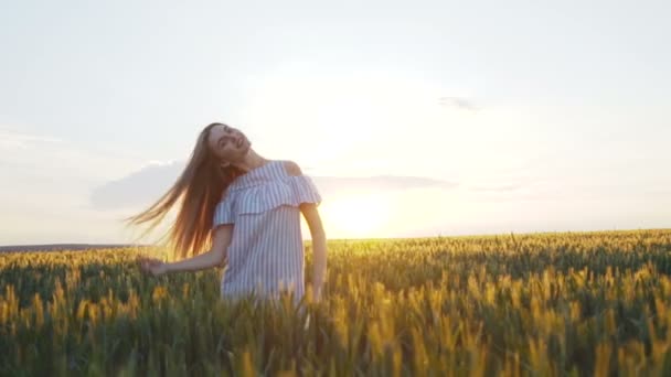 Pretty Girl Moving Hair Dress Poses Smile Camera Green Field — Stock Video