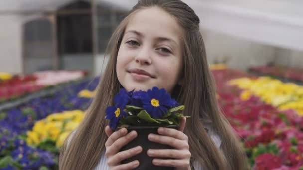 Красивая девушка пахнет цветами с улыбкой, позирует и смотрит в камеру — стоковое видео