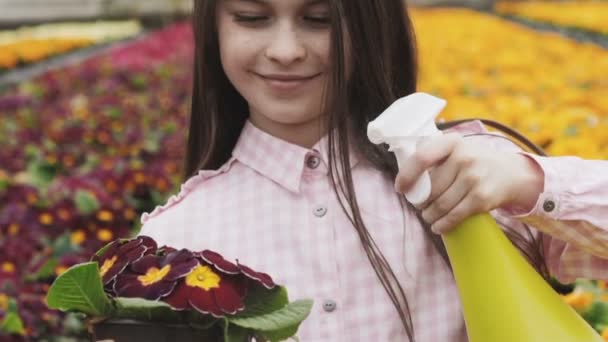 Jolie jolie fille pulvérisant des pots de fleurs en serre. Doucement. — Video