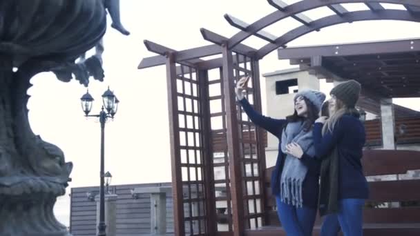 Dvě hezké usmívající se dívky do čepice a šála pořizování selfie na dvoře — Stock video