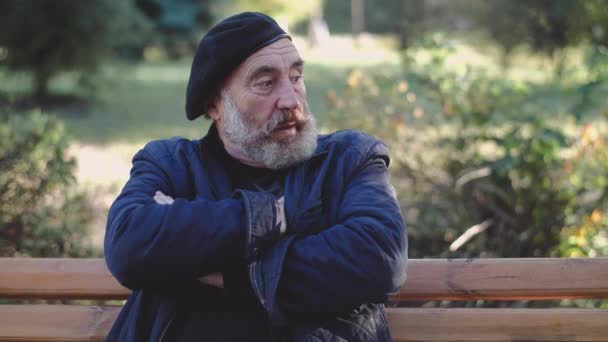 Homme âgé en chapeau repose avec les mains croisées sur le banc du parc et parle aux passants — Video