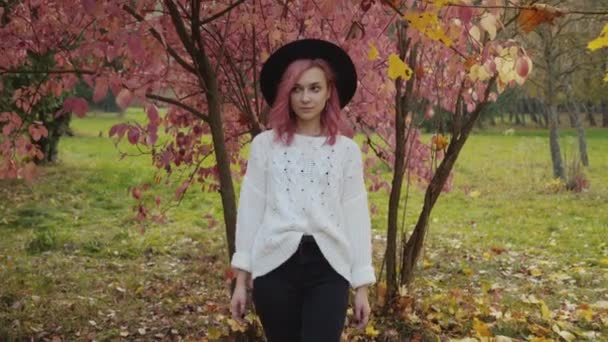 Stylowa dziewczyna z różowymi włosami w kapeluszu spacery w aparacie, koryguje włosy w parku — Wideo stockowe