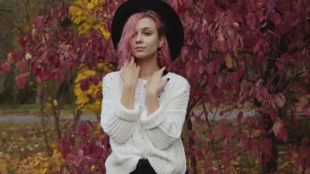 Hermosa chica con sombrero posa en el árbol rosa de otoño con sonrisa en la cara — Vídeos de Stock