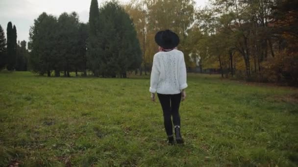 Pohled na dívku v černém klobouku chodí na trávník v parku — Stock video