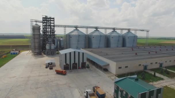 Vista aérea do tanque de armazenamento de silos de grãos agrícolas. 4K — Vídeo de Stock