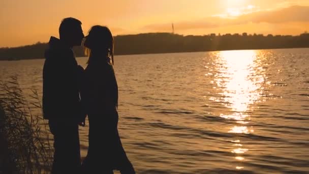Çiftin silueti, gün batımı parıltısı ile gölde duruyor, öpücük ler ve okşamalar — Stok video