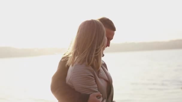 Happy man and woman in love caresses with smile each other — Stock Video