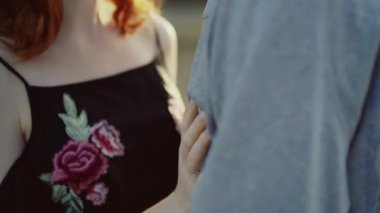 Tutkulu dokunuşlar ve güneşli bozkır romantik çift öpücük. 4k