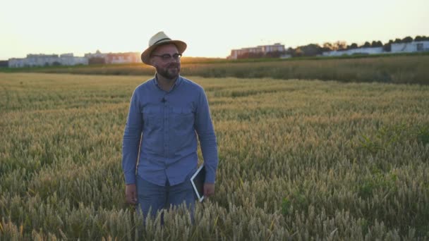 De boer praat iets met iemand van de camera in een veld. — Stockvideo