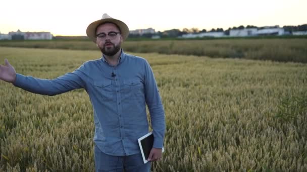 Šťastný farmář mluví něco kamerou gesty na poli — Stock video