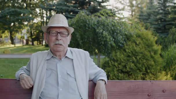 Elegancki starszy mężczyzna mówi pewnie do kamery, gdy spoczywa na ławce — Wideo stockowe