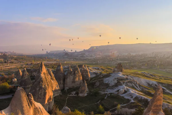 Turkey Cappadocia Morning Sunrise Caves Balloons — Stock Photo, Image