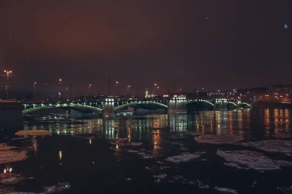 Winter Night City New Year Night Peterburg Ice Drift Neva — Stock Photo, Image