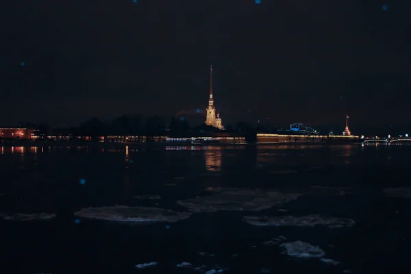 Winter Night City New Year Night Peterburg Ice Drift Neva — Stock Photo, Image