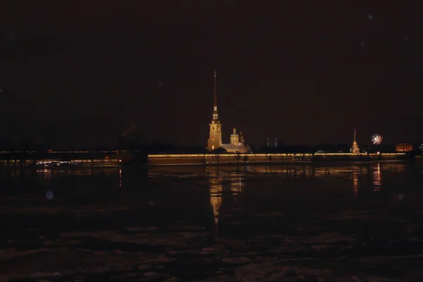 Winter Night City New Year Night Peterburg Ice Drift Neva — Stock Photo, Image