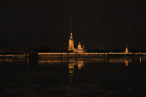 Winter Night City New Year Night Peterburg Ice Drift Neva — Stock Photo, Image