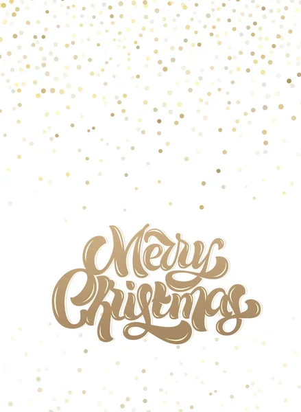 グリーティング カード 招待状 ポスター バナーのメリー クリスマス手タイポグラフィ 垂直指向の白の背景に金色の紙吹雪 — ストックベクタ