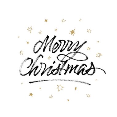 Neşeli Noel fırça hat. El yazısıyla yazılan yazı ve elle çizilmiş yıldız tebrik kartı. Beyaz izole.