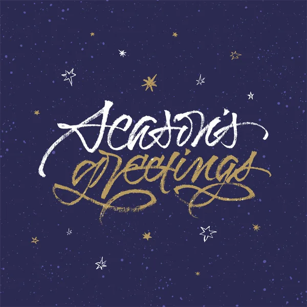 Season's Greetings greeting card. Handwritten brush calligraphy on dark blue background with snow and stars.