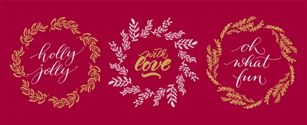 Verzameling Van Kerstmis Wreathes Met Kalligrafie Holly Jolly Love Wat — Stockvector