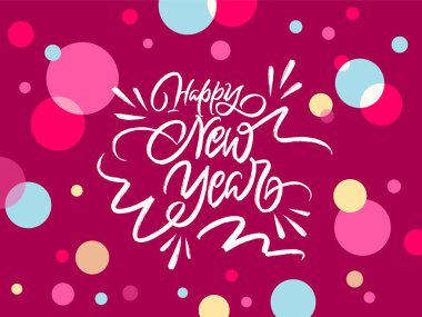 Mutlu yıllar tebrik kartı. El yazısı tebeşir fırçası harfleri. Konfeti arkaplanı.