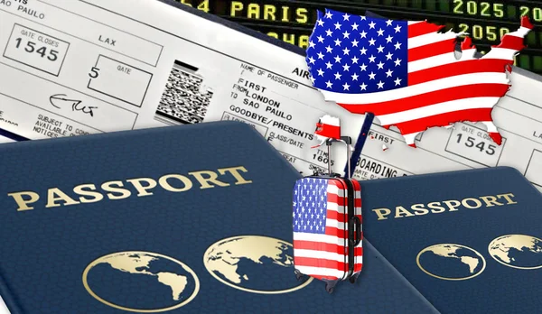 用两本外国护照 带有美国国旗的手提箱 门票和印有美国国旗的剪影 以胡须的剪影形式展示 领着一个带有美国国旗的化学家 — 图库照片