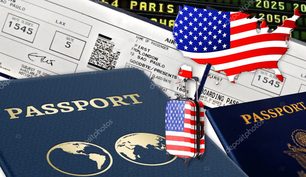 Illustration with passport, passport, US passport, two suitcases with American flags, tickets and the US flag in the form of a usa silhouette leading a suitcase.