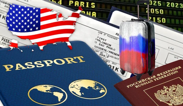带有俄罗斯护照 国际护照 带有俄罗斯国旗的手提箱 机票和 Usa 国旗的插图 Usa 剪影的形式出现 — 图库照片