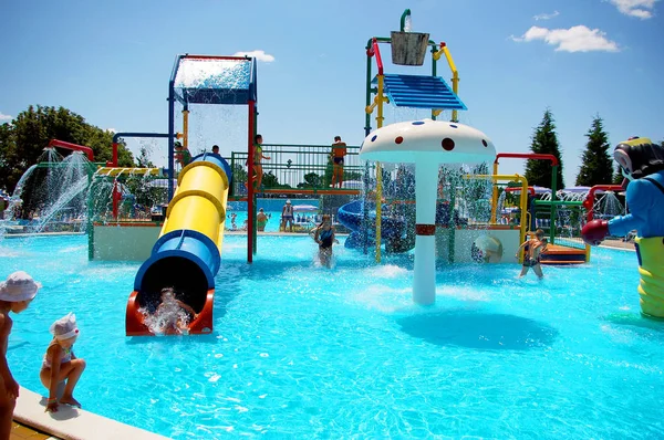 Su parkı Gelendzhik. İnsanlar su parkında rahatlar..