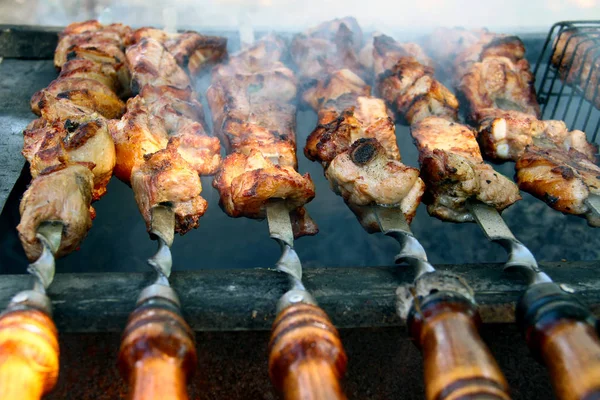 Cooking Tasty Shashlick Outdoors Closeup — Stock Photo, Image