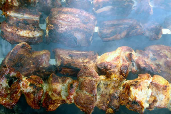 Cooking Tasty Shashlick Outdoors Closeup — Stock Photo, Image