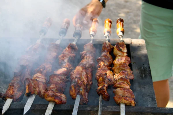 Cooking Tasty Shashlick Outdoors Closeup — Stock Photo, Image