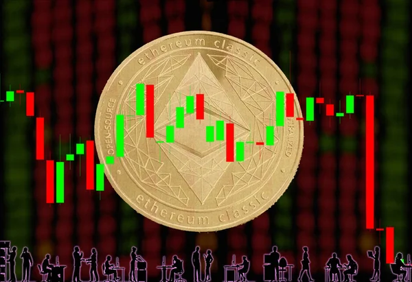 Ethereum Classic Криптовалюта Золоту Монету Круглий Тлі Розмитих Чисел Діаграми — стокове фото