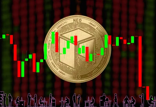 Koin Emas Cryptocurrency Neo Dengan Latar Belakang Bilangan Kabur Dan — Stok Foto