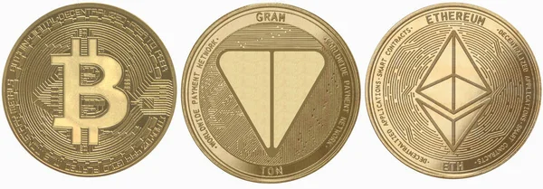 Guldmynt kryptovaluta gram, ton, runda på en mörk bakgrund — Stockfoto