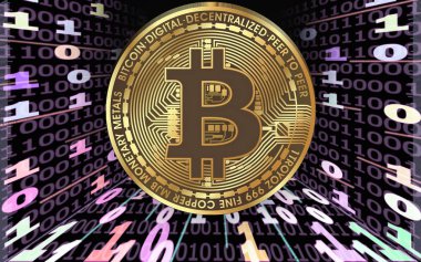 Enerji ve siluet ile siyah bir arka plan üzerinde İkili kod tünel. Altın Sikke Cryptocurrency bitcoin, btc.