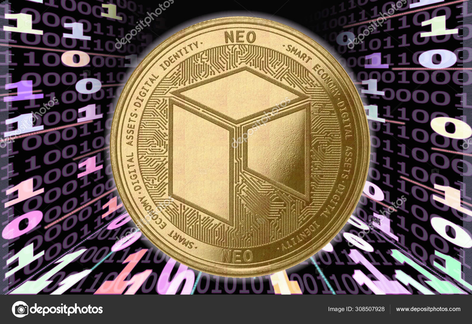 Golden Crypto Coin Neo Latar Belakang Kode Binary Dengan Terowongan — Foto  Stok © magri1 #308507928