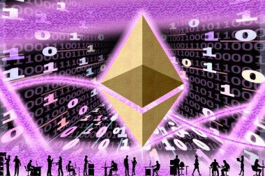 altın Ethereum Badge, enerjileri ile tüneller ile İkili kodun fonuna karşı. Ofisteki insanların siluetleri.