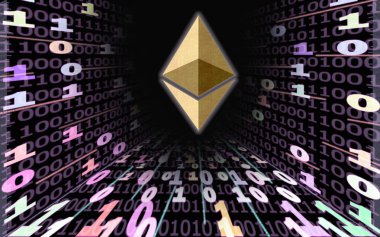 altın Ethereum Badge, enerjileri ile tüneller ile İkili kodun fonuna karşı.