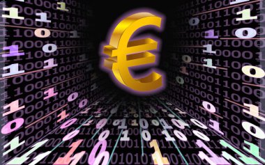 Altın euro işareti, enerjileri ile tüneller ile İkili kodun fon aleyhine. Ofisteki insanların siluetleri.