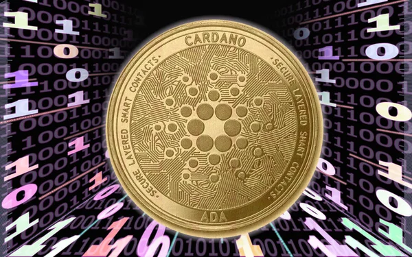 Altın Crypto Coin Cardano, enerjileri ile tüneller ile İkili kodun arka planda.