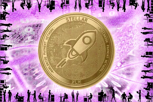 Gouden crypto munt Stellar, tegen de achtergrond van binaire code met tunnels met energieën. Silhouetten van mensen op kantoor. — Stockfoto