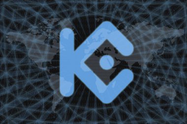 Kucoin Hisseleri (Kcs) Soyut Kripto Para Birimi. Karanlık bir geçmişi ve bir dünya haritası var. Tasarımınız için grafiksel kavram.