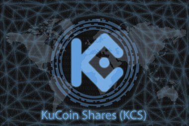 Kucoin Hisseleri (Kcs) Soyut Kripto Para Birimi. Karanlık bir geçmişi ve bir dünya haritası var. Tasarımınız için grafiksel kavram.