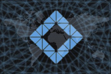 Lamden (Tau) Soyut Kripto Para Birimi. Karanlık bir geçmişi ve bir dünya haritası var. Tasarımınız için grafiksel kavram.